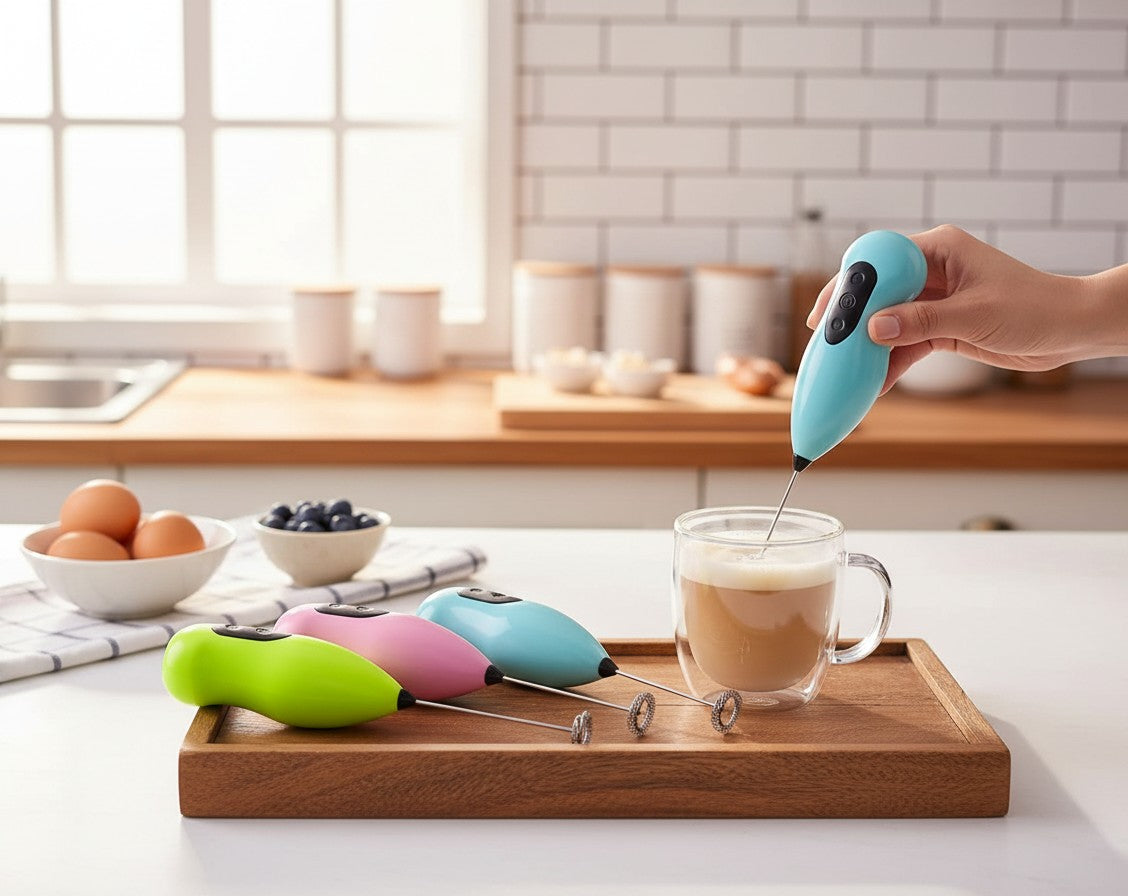 Asoula electric milk frother in green, pink, blue, and hot pink. Ideal for cappuccinos, lattes, and eggs.