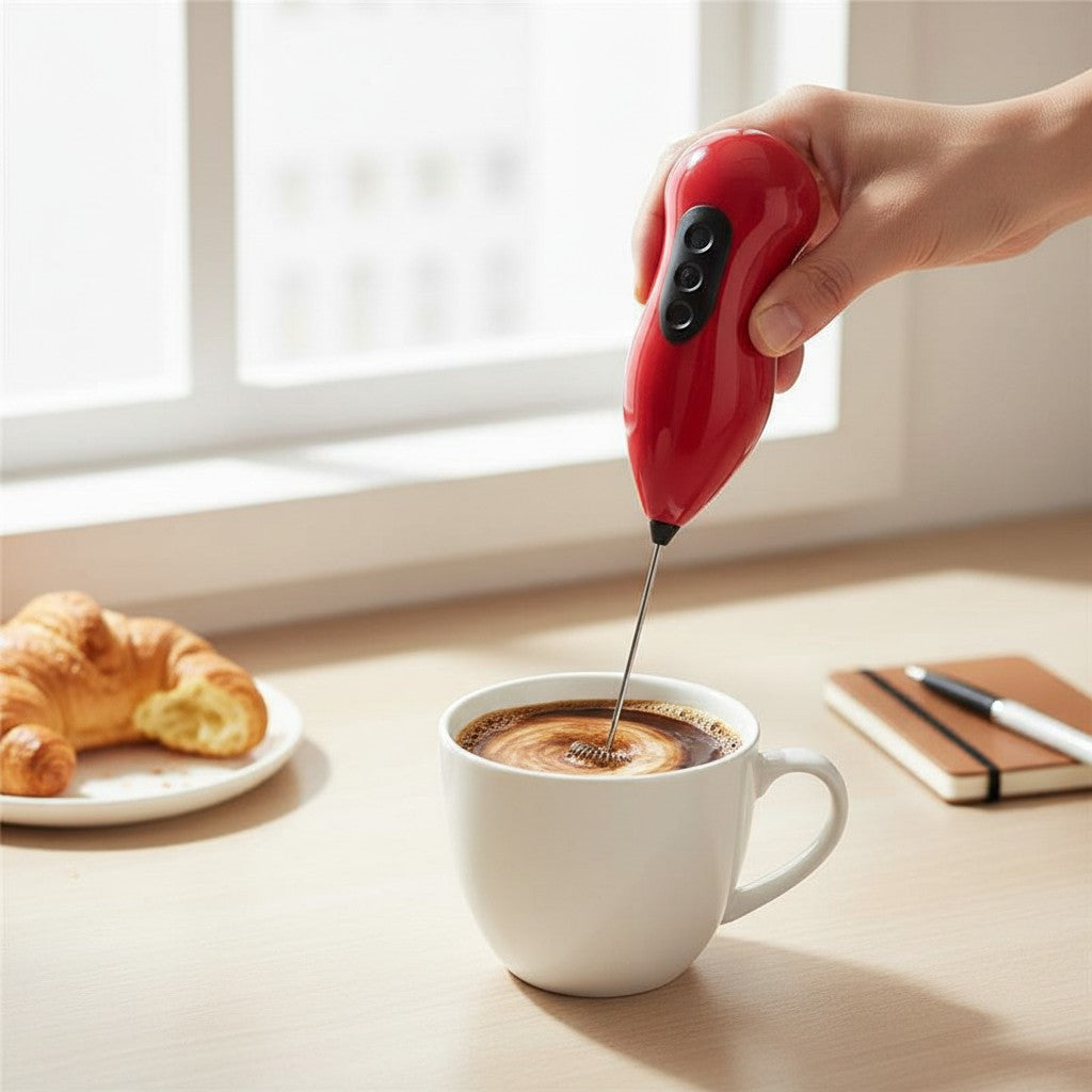 Asoula electric milk frother for cappuccino and Nescafé, handheld battery-operated frothing wand with multiple colors.