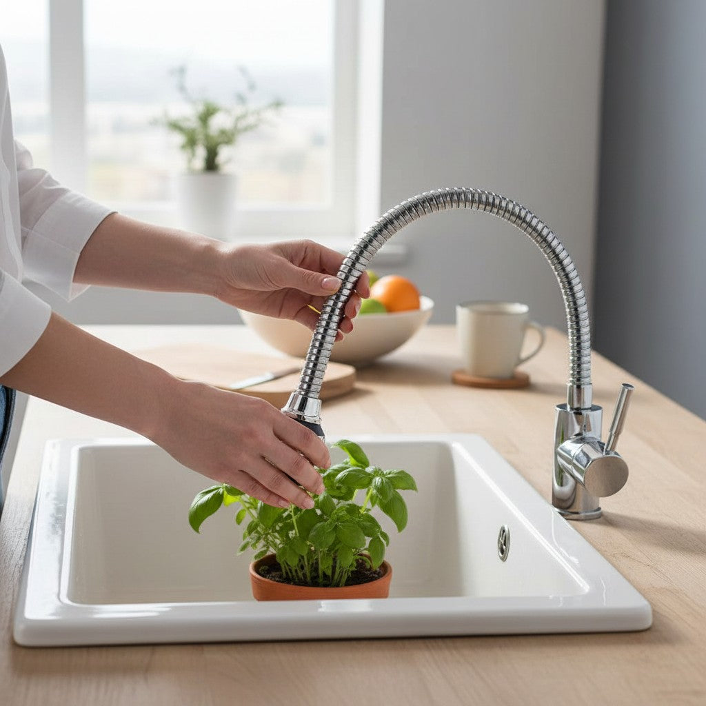Asoula chrome finish flexible kitchen faucet sprayer head with adjustable spray settings.