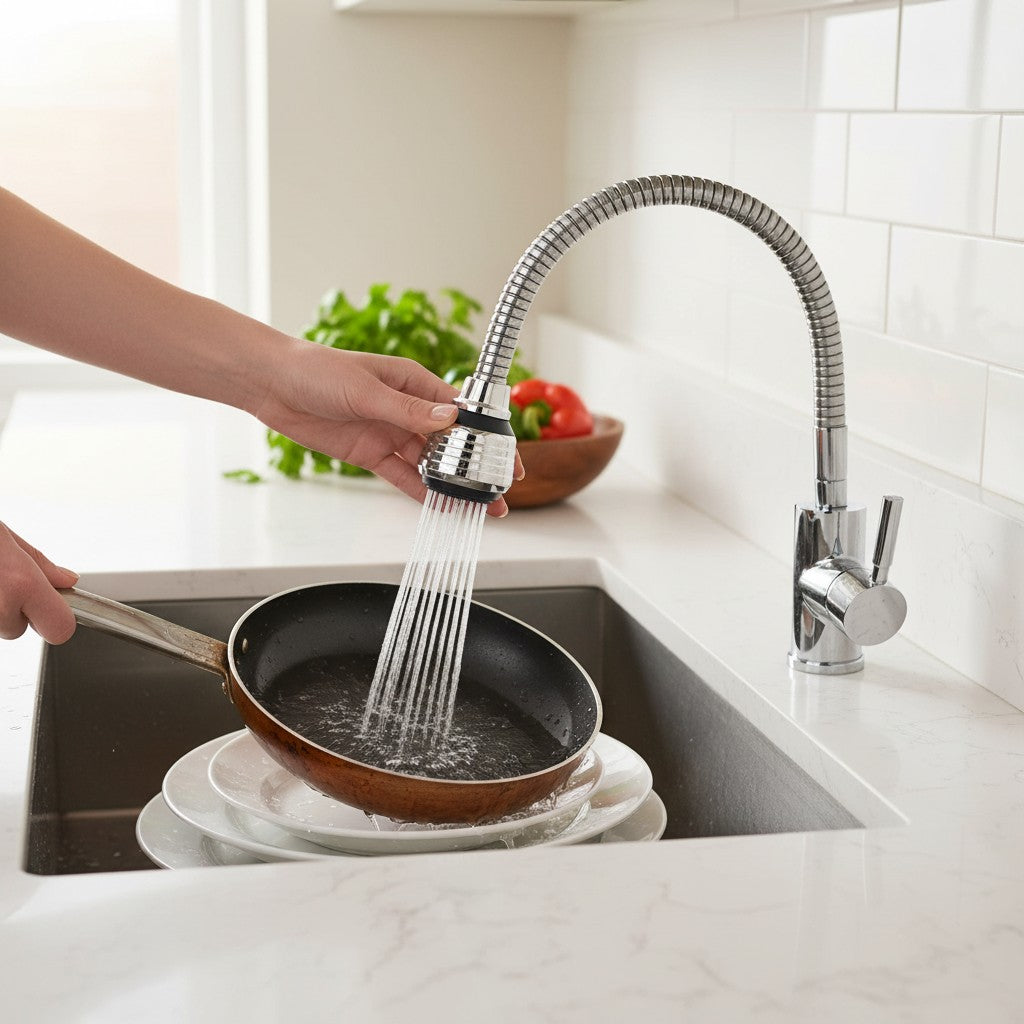 Asoula chrome finish flexible kitchen sink faucet sprayer head with multiple spray settings.