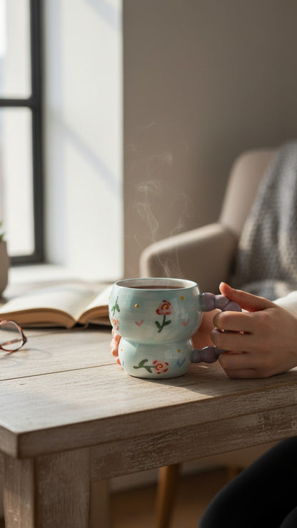 Asoula light blue ceramic mug with a unique bubble handle and hand-painted floral design. Perfect for coffee or tea.
