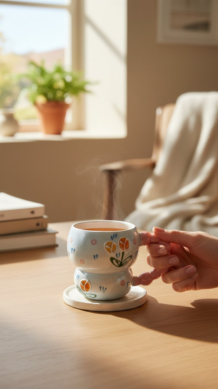 Asoula white ceramic mug with a pink bubble handle, decorated with a floral pattern of orange tulips and blue accents.