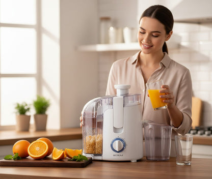 Asoula 350W white and clear plastic fruit juicer with 2 speed settings and stainless steel filter.