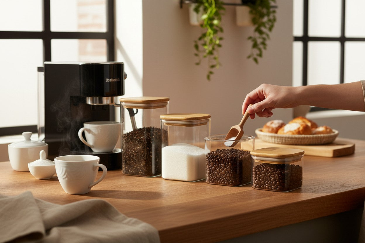 Asoula set of 3 clear glass square canisters with natural bamboo lids, ideal for coffee, sugar, or spices.