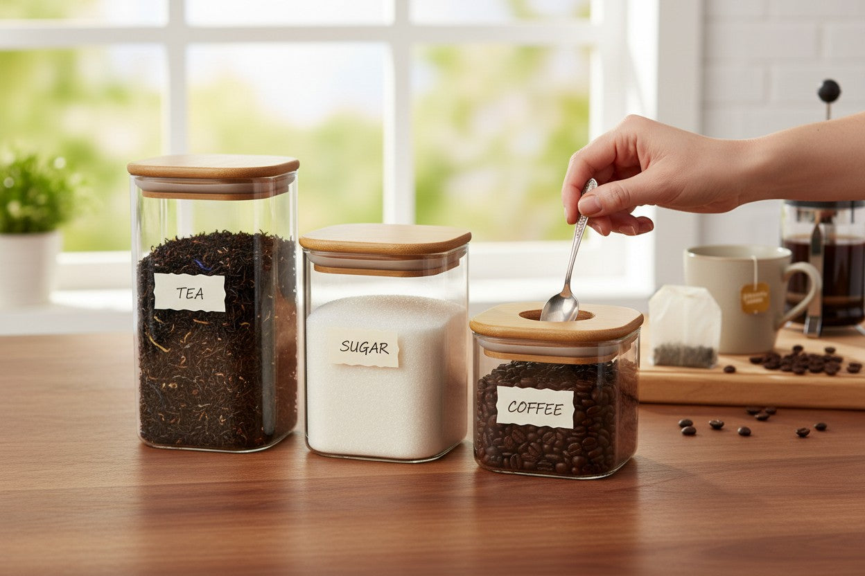 Asoula set of 3 clear glass square jars with natural bamboo lids, ideal for coffee, sugar, or spices.