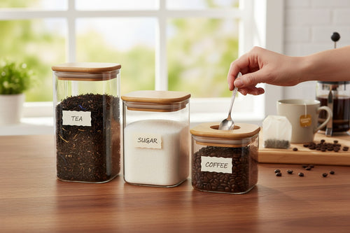 Asoula set of 3 clear glass square jars with natural bamboo lids, ideal for coffee, sugar, or spices.