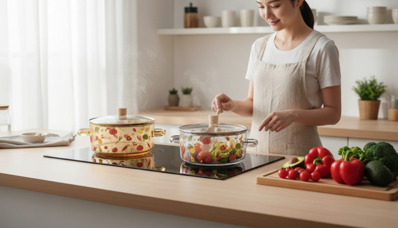 Asoula heat-resistant glass casserole dish with lid, featuring a playful vegetable and fruit pattern. Oven safe.