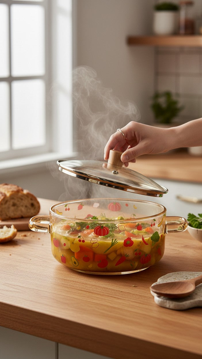 Asoula heat-resistant glass casserole dish with lid, featuring a playful vegetable print and wooden knob. Oven-safe.
