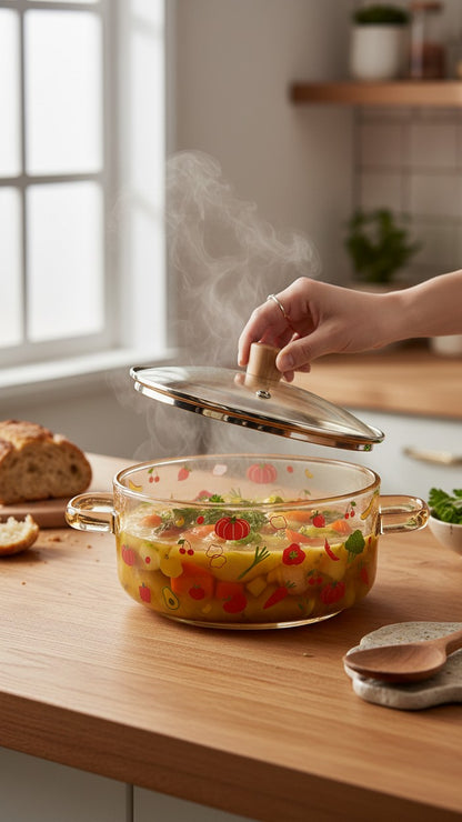 Asoula heat-resistant glass casserole dish with lid, featuring a playful vegetable print and wooden knob. Oven-safe.