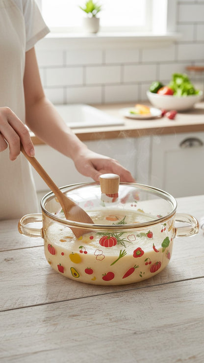 Asoula heat-resistant glass casserole dish with lid, featuring a whimsical vegetable print and wooden knob. Oven-safe.