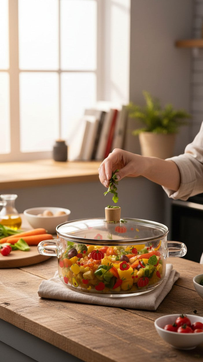 Asoula clear glass cooking pot with lid, decorated with colorful fruits and vegetables. Oven-safe.