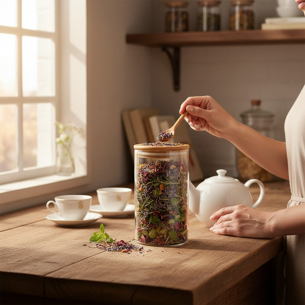 Asoula clear glass jar with bamboo lid, filled with dried herbs and flowers. Ideal for storage.