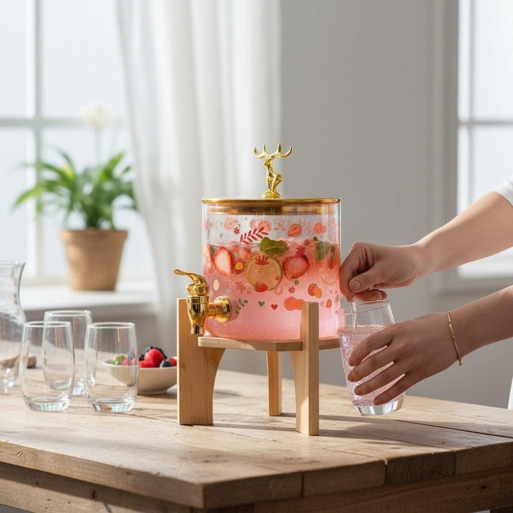 Asoula glass juice dispenser with gold deer lid and fruit pattern, on a wooden stand. Features a gold spigot for easy pouring.