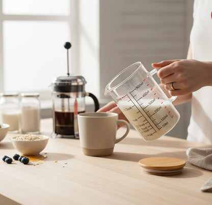 Asoula heat-resistant glass measuring cup with bamboo lid, 500ml capacity, ideal for liquids and baking ingredients.