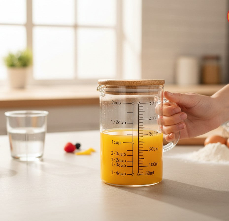 Asoula glass measuring cup with bamboo lid, 500ml capacity, ideal for liquids and baking ingredients.