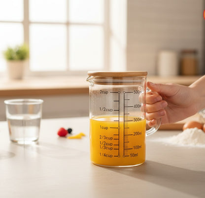 Asoula glass measuring cup with bamboo lid, 500ml capacity, ideal for liquids and baking ingredients.