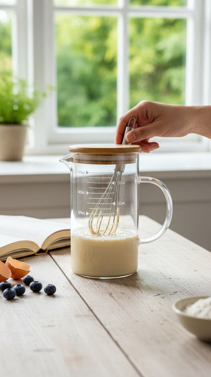 Asoula 500ml clear glass measuring jug with bamboo lid and handle, featuring ml markings and cooking illustrations.