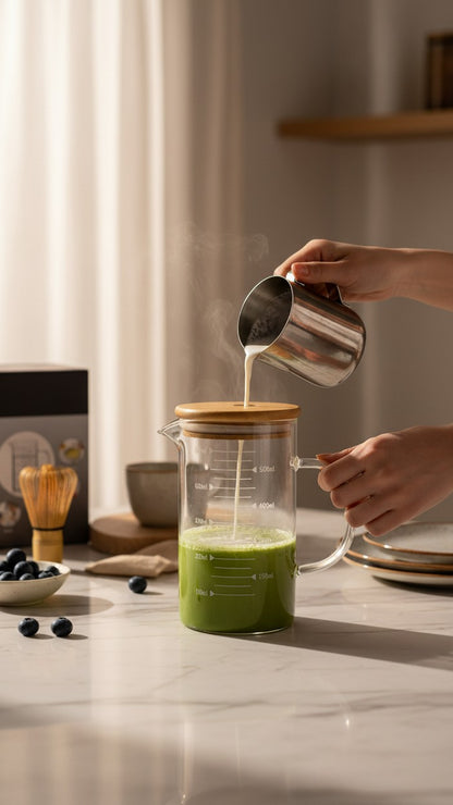 Asoula 500ml clear glass measuring jug with bamboo lid and handle, features clear volume markings for precise cooking and baking.