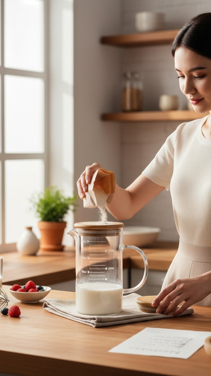 Asoula 500ml clear glass measuring jug with bamboo lid and handle, featuring ml markings and cooking illustrations.