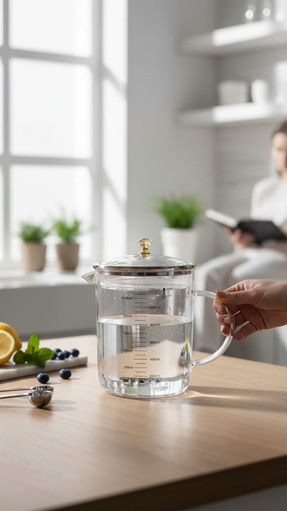 Asoula clear glass measuring jug with lid and handle, marked with ml increments up to 1200ml. Heat resistant.