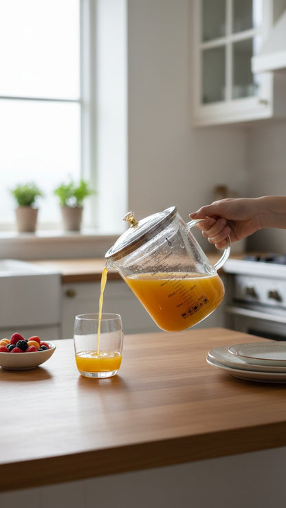 Asoula clear glass measuring jug with lid and handle, marked with ml increments up to 1200ml.