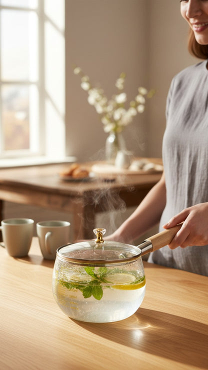 Asoula clear glass saucepan with measurement markings, glass lid, and wooden handle. Ideal for sauces and small cooking tasks.