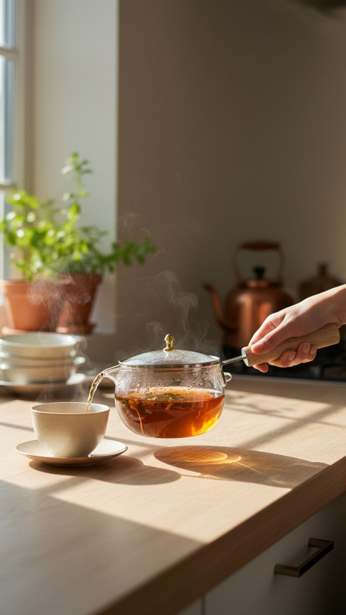 Asoula clear glass saucepan with wooden handle and lid, featuring measurement markings.