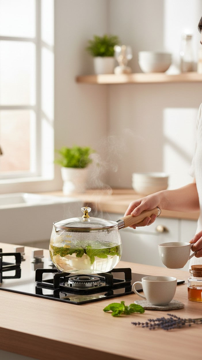 Asoula clear glass saucepan with lid and wooden handle, featuring ml markings for precise cooking.