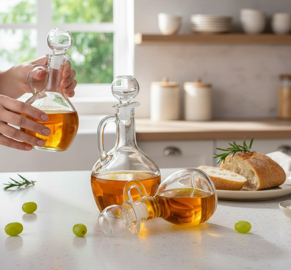 Asoula clear glass oil and vinegar dispenser bottles with handles and stoppers. Set of 3.