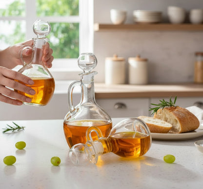 Asoula clear glass oil and vinegar dispenser bottles with handles and stoppers. Set of 3.