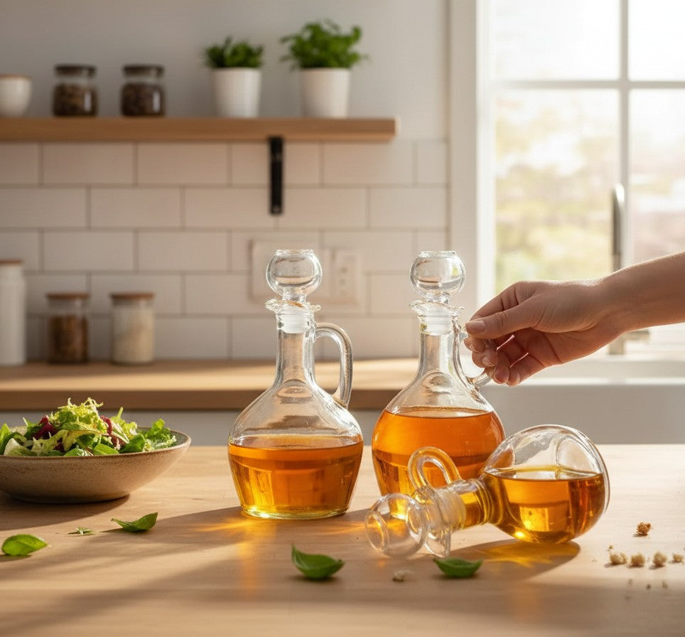 Asoula clear glass oil and vinegar dispenser bottles with handles and stoppers, ideal for kitchen and dining.