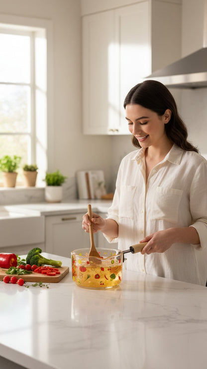 Asoula heat-resistant glass saucepan with lid, featuring a playful fruit and vegetable pattern. Transparent design with a wooden handle.