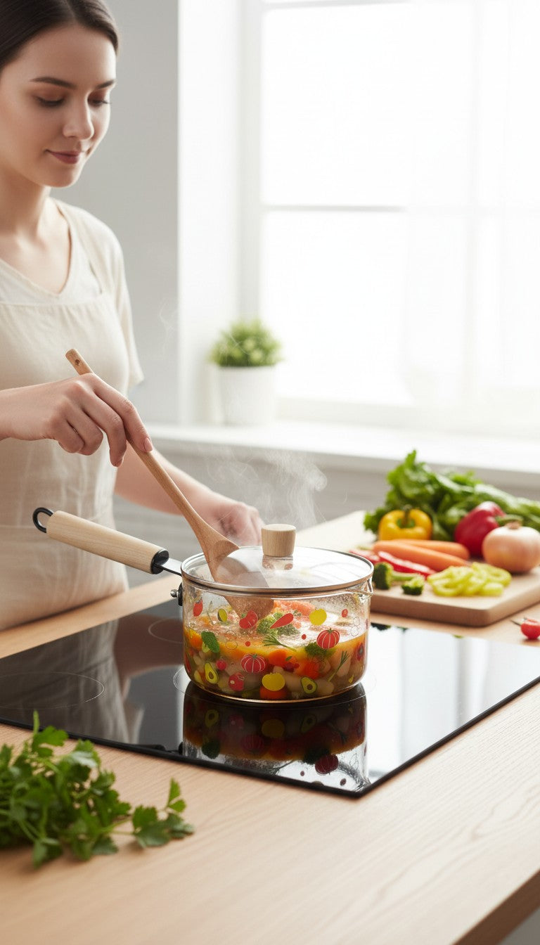 Asoula heat-resistant glass saucepan with lid, featuring a playful fruit and vegetable pattern. Available in clear and amber.