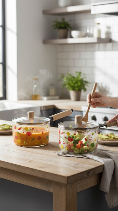 Asoula glass saucepan with lid, featuring a cute vegetable print. Clear, heat-resistant glass with a wooden handle. Oven-safe.