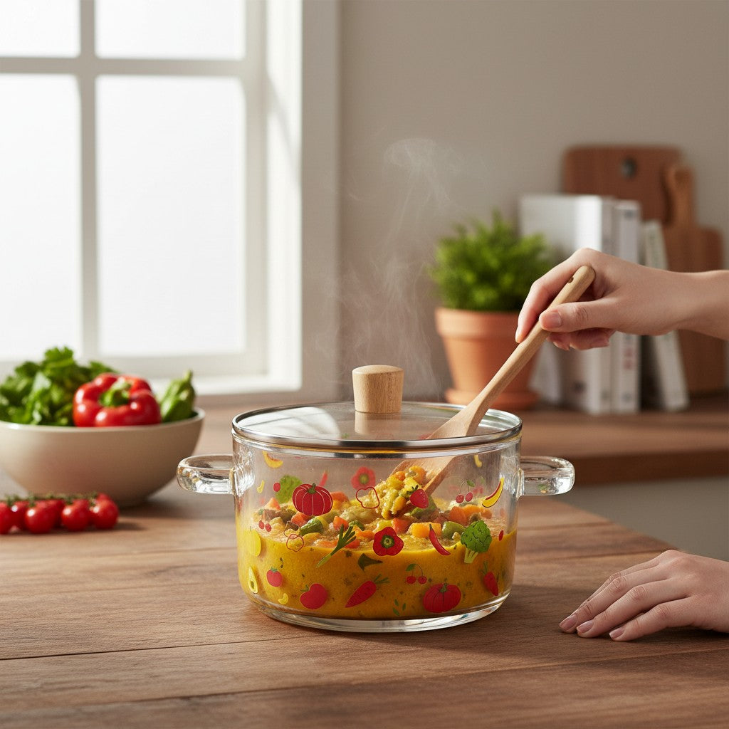 Asoula 1.8L clear glass saucepan with colourful vegetable and fruit print, glass lid with wooden knob.