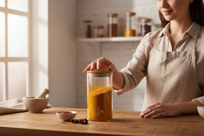 Asoula clear glass jar with bamboo lid, perfect for storing spices like turmeric, coffee, or sugar. Minimalist design.