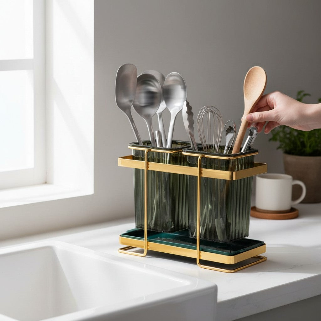 Asoula gold and acrylic cutlery organizer and drainer with two dark green ribbed containers.