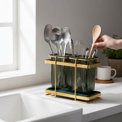 Asoula gold and acrylic cutlery organizer and drainer with two dark green ribbed containers.