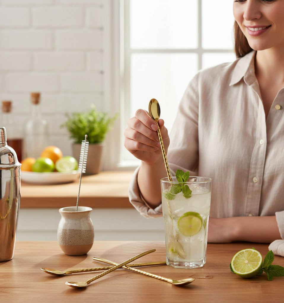Asoula gold stainless steel cocktail spoons with twisted handles and a cleaning brush, reusable straw spoons for drinks.
