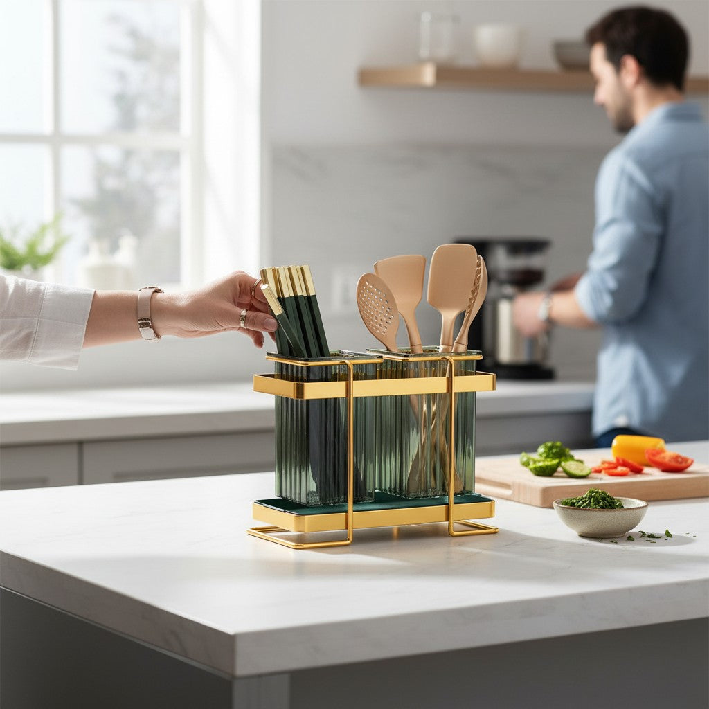 Asoula gold and green acrylic and stainless steel cutlery holder and drainer. Holds chopsticks and kitchen utensils.