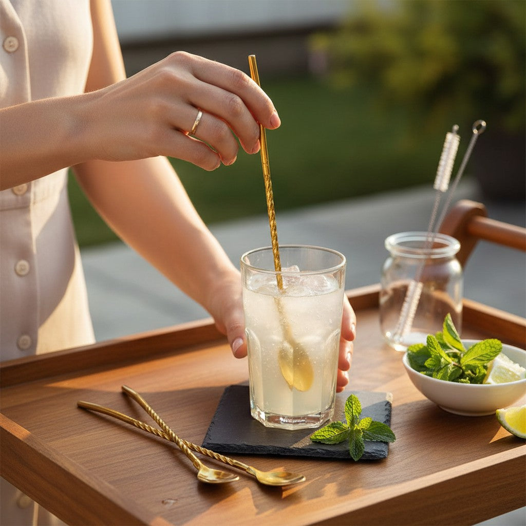 Asoula set of 6 gold stainless steel long twisted spoons with a cleaning brush, ideal for cocktails and desserts.