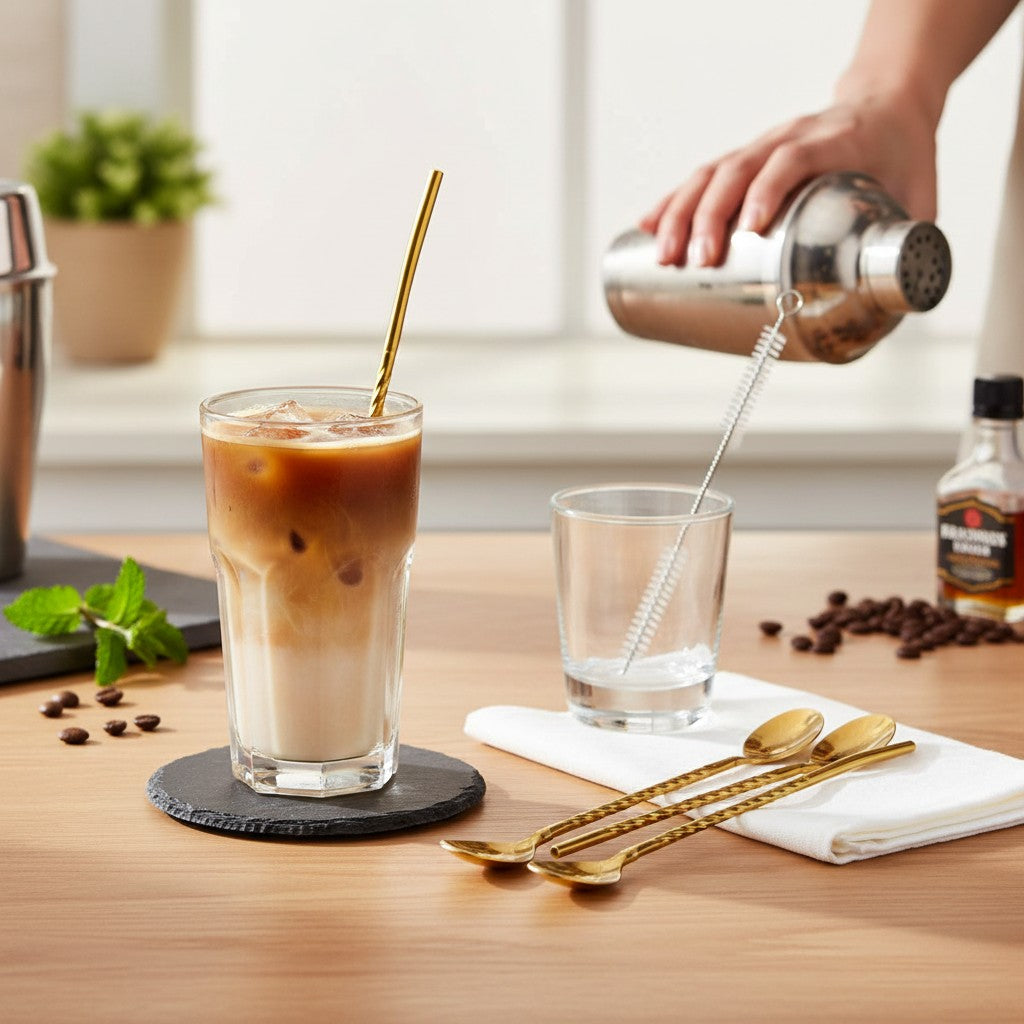 Asoula gold stainless steel long twisted spoons with cleaning brush, reusable straw spoons for cocktails and desserts.