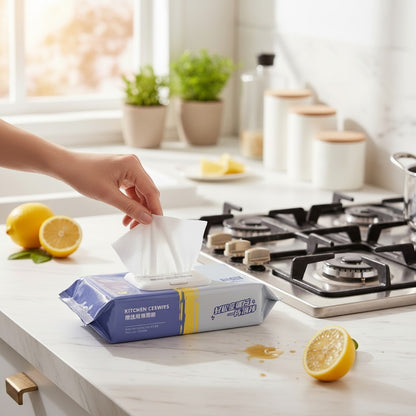Asoula multi-use wet wipes with lemon scent, 80 count, soft and strong material for cleaning hands and surfaces.