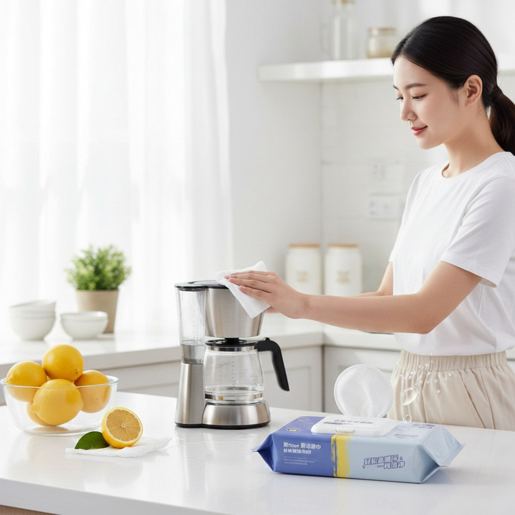 Asoula multi-use wet wipes with lemon scent, 80 count, soft and strong material for cleaning surfaces and hands.