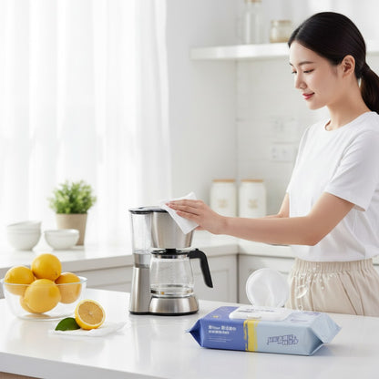 Asoula multi-use wet wipes with lemon scent, 80 count, soft and strong material for cleaning surfaces and hands.