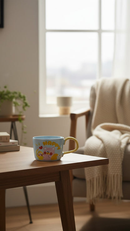 Asoula light blue ceramic mug with cute cartoon bear, monkey, and hedgehog design. Yellow handle.