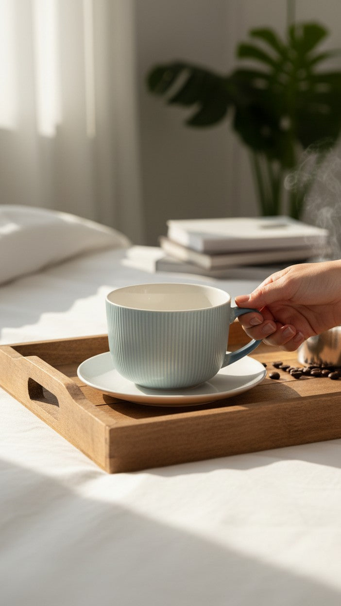 Asoula light blue ribbed ceramic soup mug with a comfortable handle.