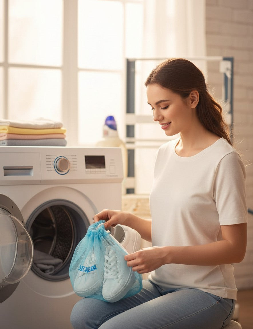 Asoula white mesh laundry bag with zipper for shoes and socks, protects shoes and washing machine.