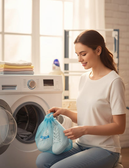 Asoula white mesh laundry bag with zipper for shoes and socks, protects shoes and washing machine.