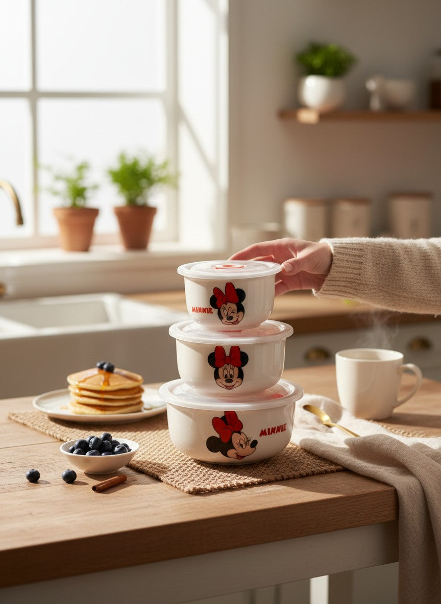 Asoula set of 3 white porcelain bowls featuring Minnie Mouse graphics and red lids, perfect for food storage.